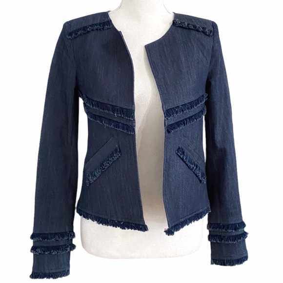 ELIZABETH AND JAMES DARK WASH DENIM FRINGE COLLARLESS JACKET - XS - Picture 1 of 9